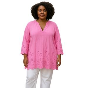 Charter Club Lux Linen Collection Pink Eyelet Lace Top Womens Size XL 3-4 Sleeve